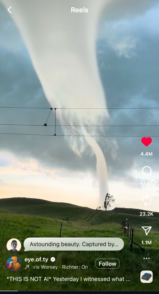 Instagram screenshot from a video of a tornado with nested funnel clouds
